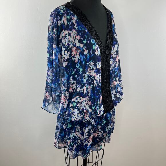 Badgley Mischka Blue Pink Floral Print V-Neckline Beaded Swimsuit Cover Up Sz L - Picture 2 of 6